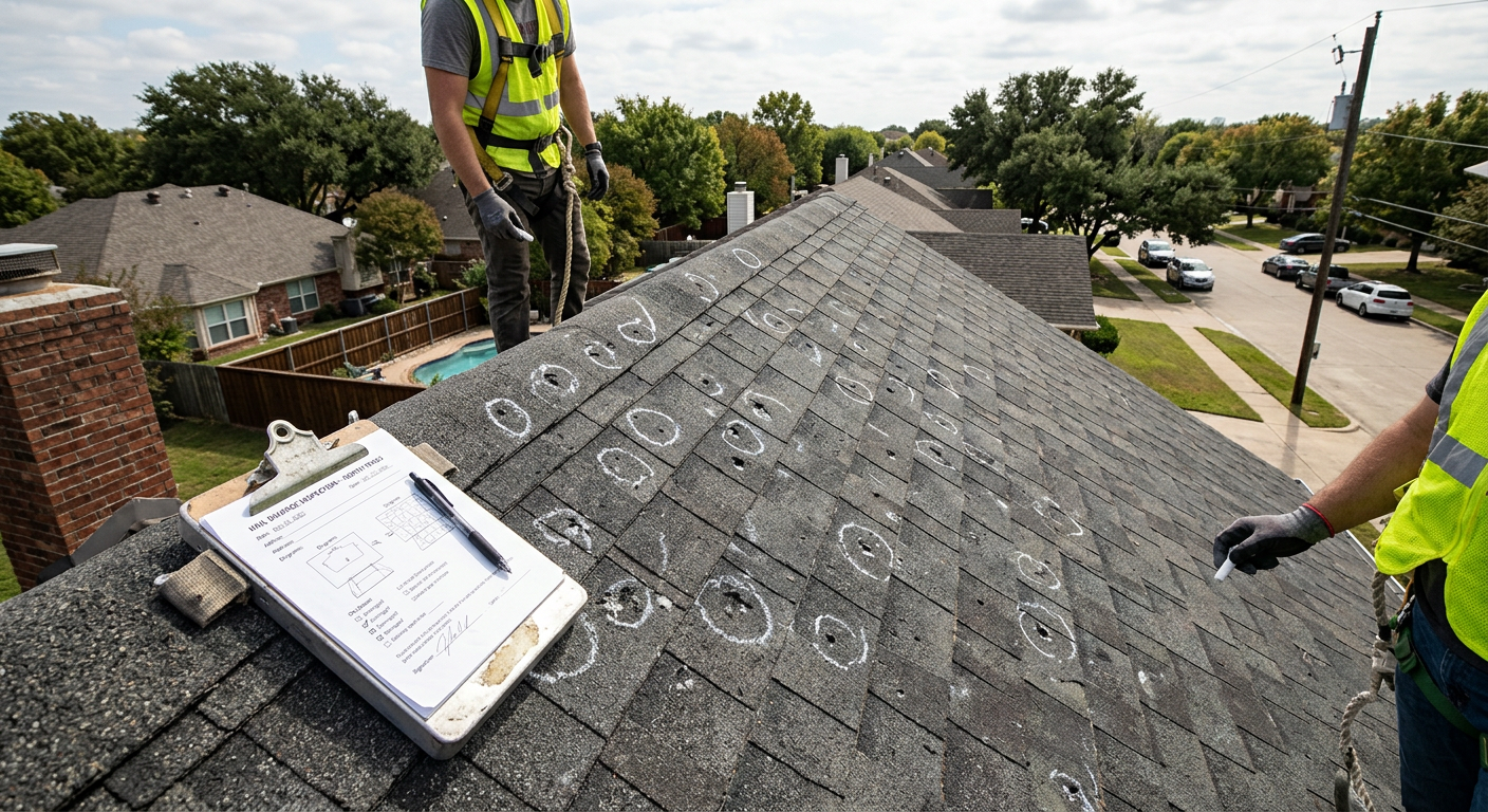 Licensed roofing inspector chalk marking hail damage on a North Texas residential roof for insurance claim documentation