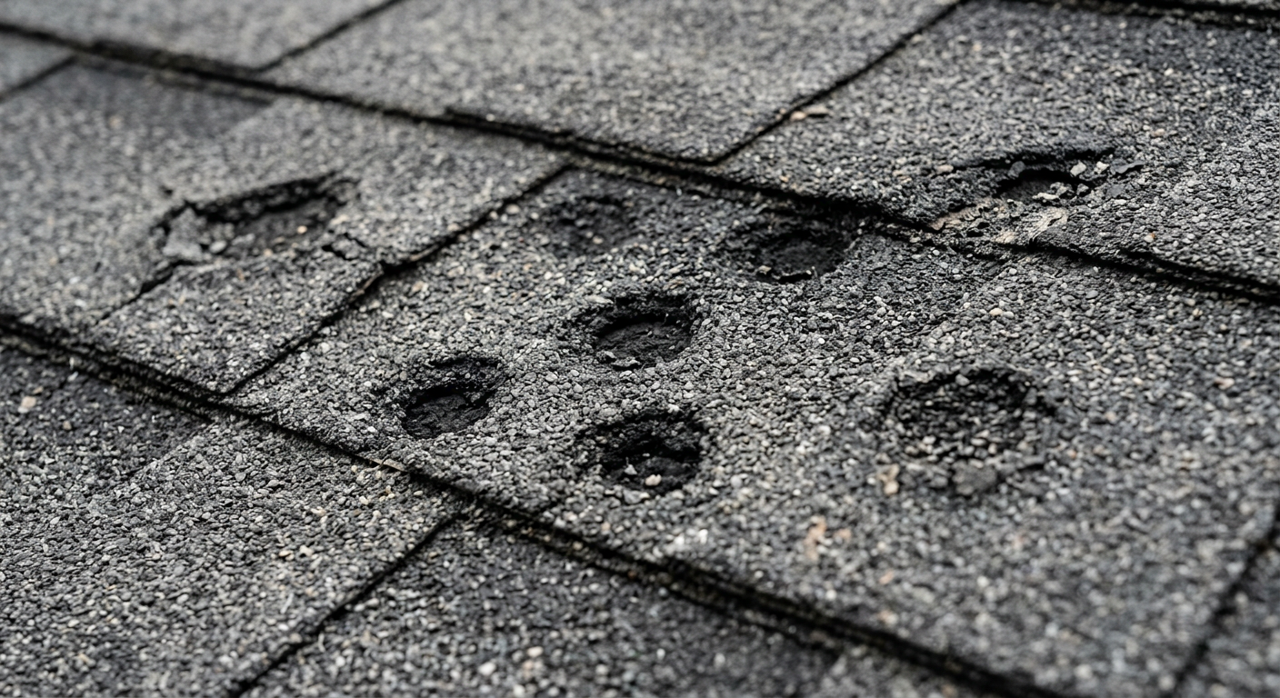 Hail damage on newer architectural shingles showing circular impact marks and granule loss typical of North Texas hail events on Celina TX master-planned community homes