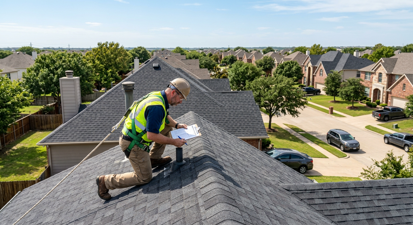 Licensed roofing inspector on a North Texas residential property documenting storm damage