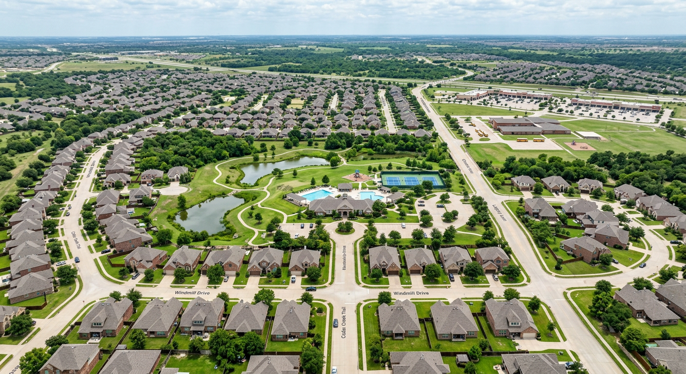 Established residential neighborhood in North Texas DFW Metroplex showing brick homes typical of communities served by NTX Storm Damage